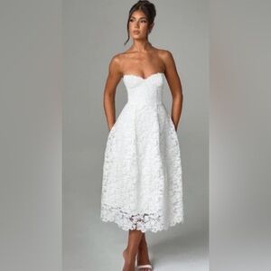Strapless White Lace Midi Dress